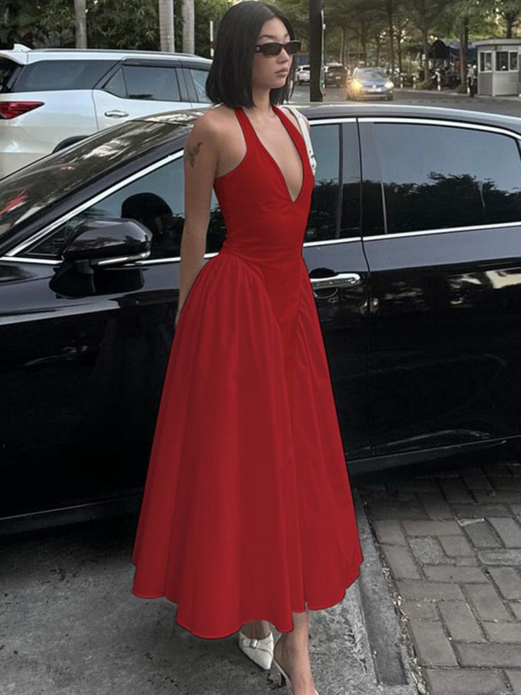 Summer new women's dress is casual, elegant, solid color, sleeveless V-neck, halter and big skirt. Long dress is suitable for party holiday dinner.