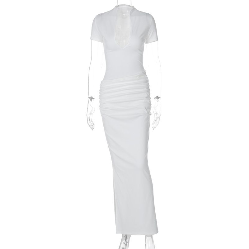 New elegant and sexy long dress for guests at evening banquets in the summer of 2025. It features a deep V-neck, short sleeves, a solid color, a form-fitting silhouette and pleats.