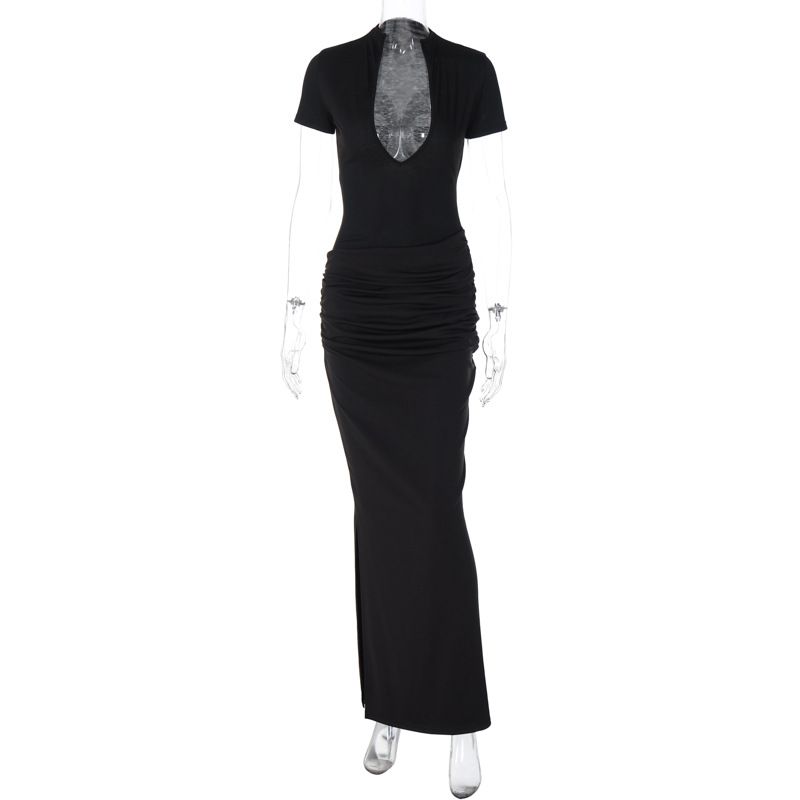 New elegant and sexy long dress for guests at evening banquets in the summer of 2025. It features a deep V-neck, short sleeves, a solid color, a form-fitting silhouette and pleats.