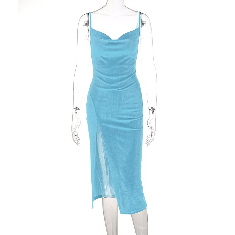 New summer fashion in 2025. A stylish, casual, elegant and sexy form-fitting halter dress with a slit, suitable for parties on the street and evening banquets, in a medium to long length.