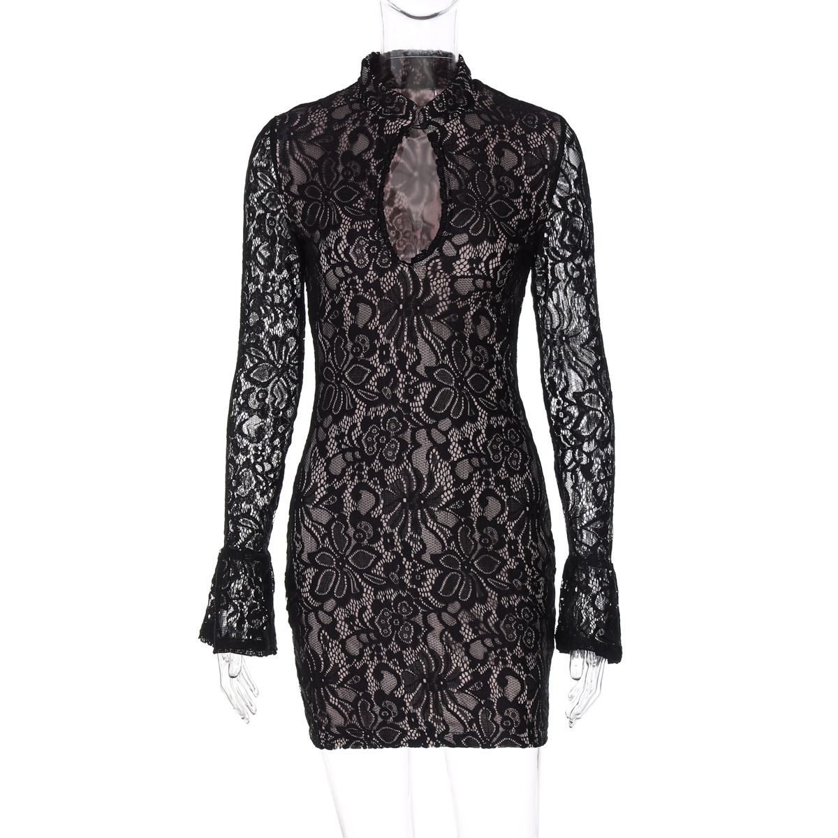New summer fashion in 2025. A stylish and elegant casual short dress with lace hollow-out design, a bodycon silhouette and flared sleeves, suitable for parties on the street and evening banquets.