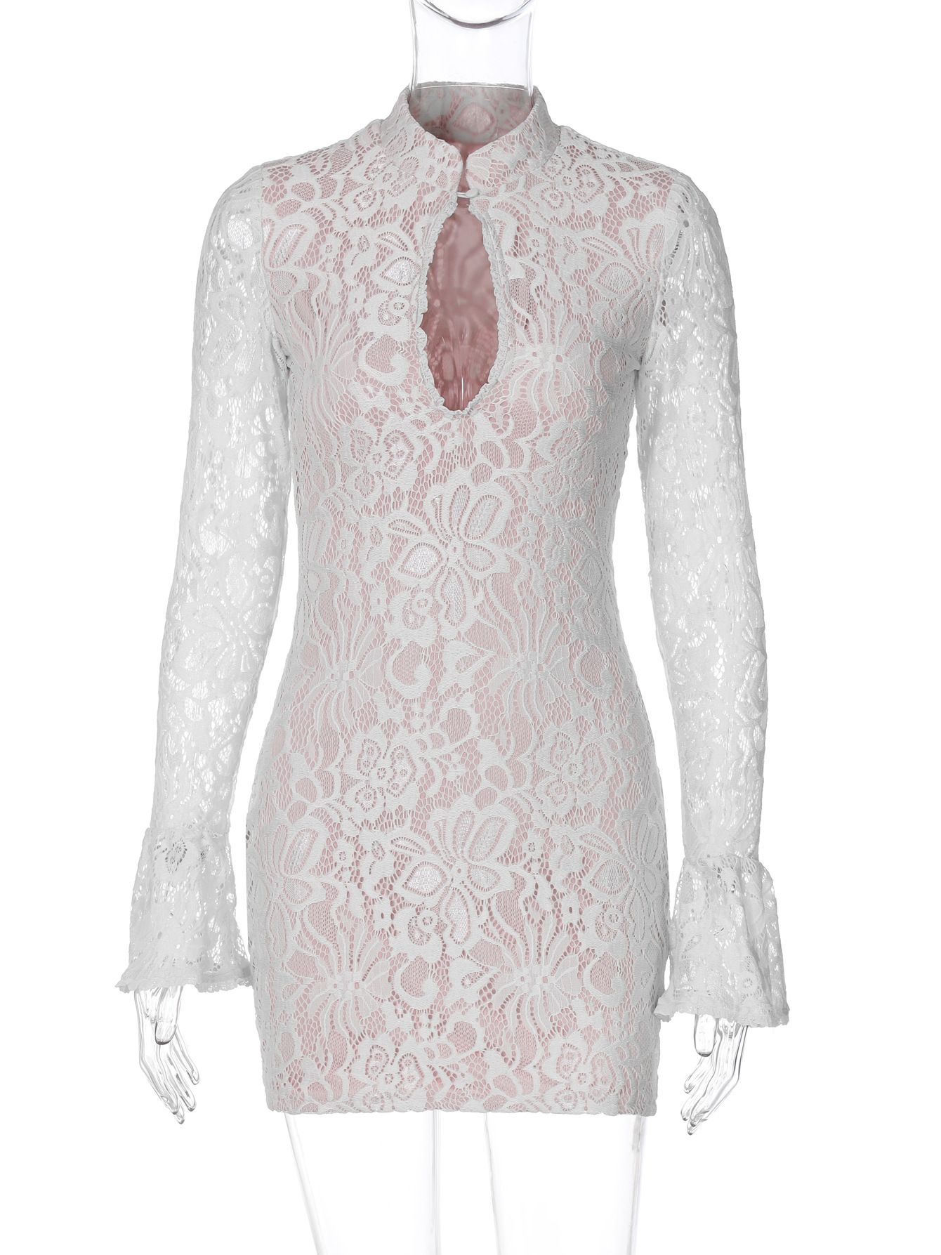 New summer fashion in 2025. A stylish and elegant casual short dress with lace hollow-out design, a bodycon silhouette and flared sleeves, suitable for parties on the street and evening banquets.