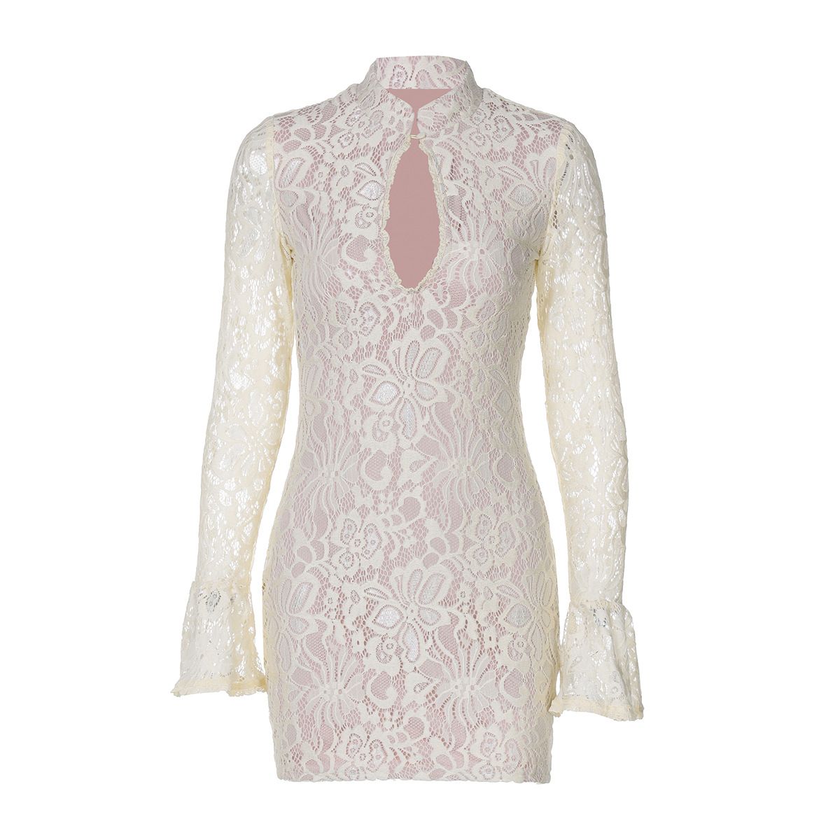 New summer fashion in 2025. A stylish and elegant casual short dress with lace hollow-out design, a bodycon silhouette and flared sleeves, suitable for parties on the street and evening banquets.