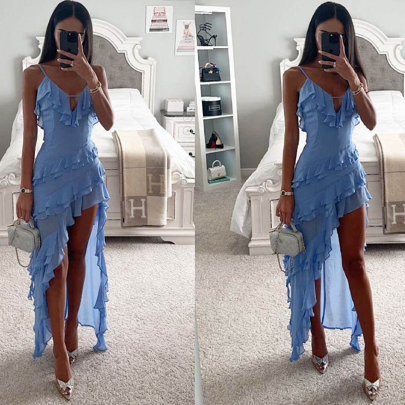 Summer new women's dress fashion temperament solid color V-neck sling halter irregular long dress suitable for leisure party dinner guests dress.