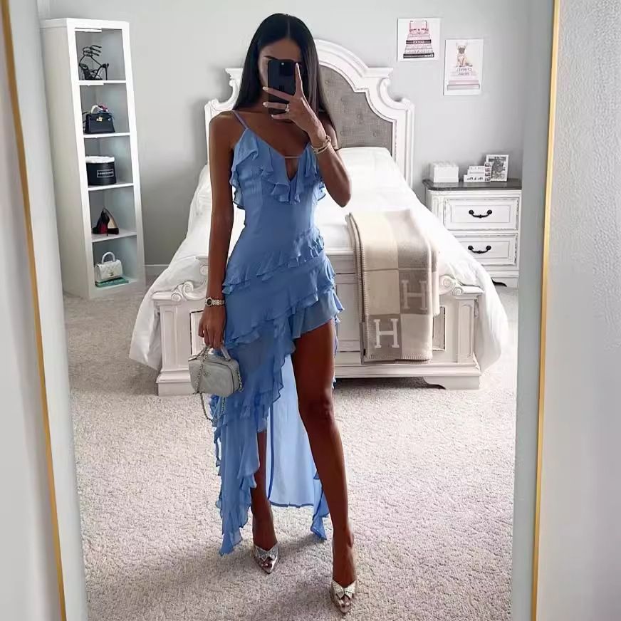 Summer new women's dress fashion temperament solid color V-neck sling halter irregular long dress suitable for leisure party dinner guests dress.