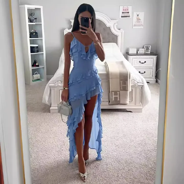 Summer new women's dress fashion temperament solid color V-neck sling halter irregular long dress suitable for leisure party dinner guests dress.