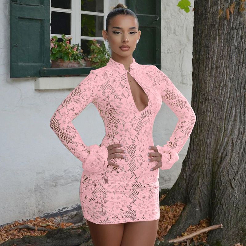 New summer fashion in 2025. A stylish and elegant casual short dress with lace hollow-out design, a bodycon silhouette and flared sleeves, suitable for parties on the street and evening banquets.