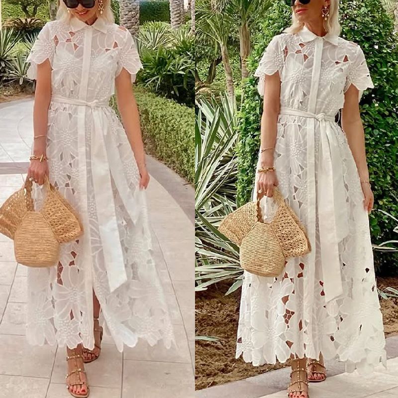 New women's dresses in summer are fashionable and elegant. Lace openwork short-sleeved lapels and single-breasted cardigans are long dresses suitable for daily leisure and holiday commuting.