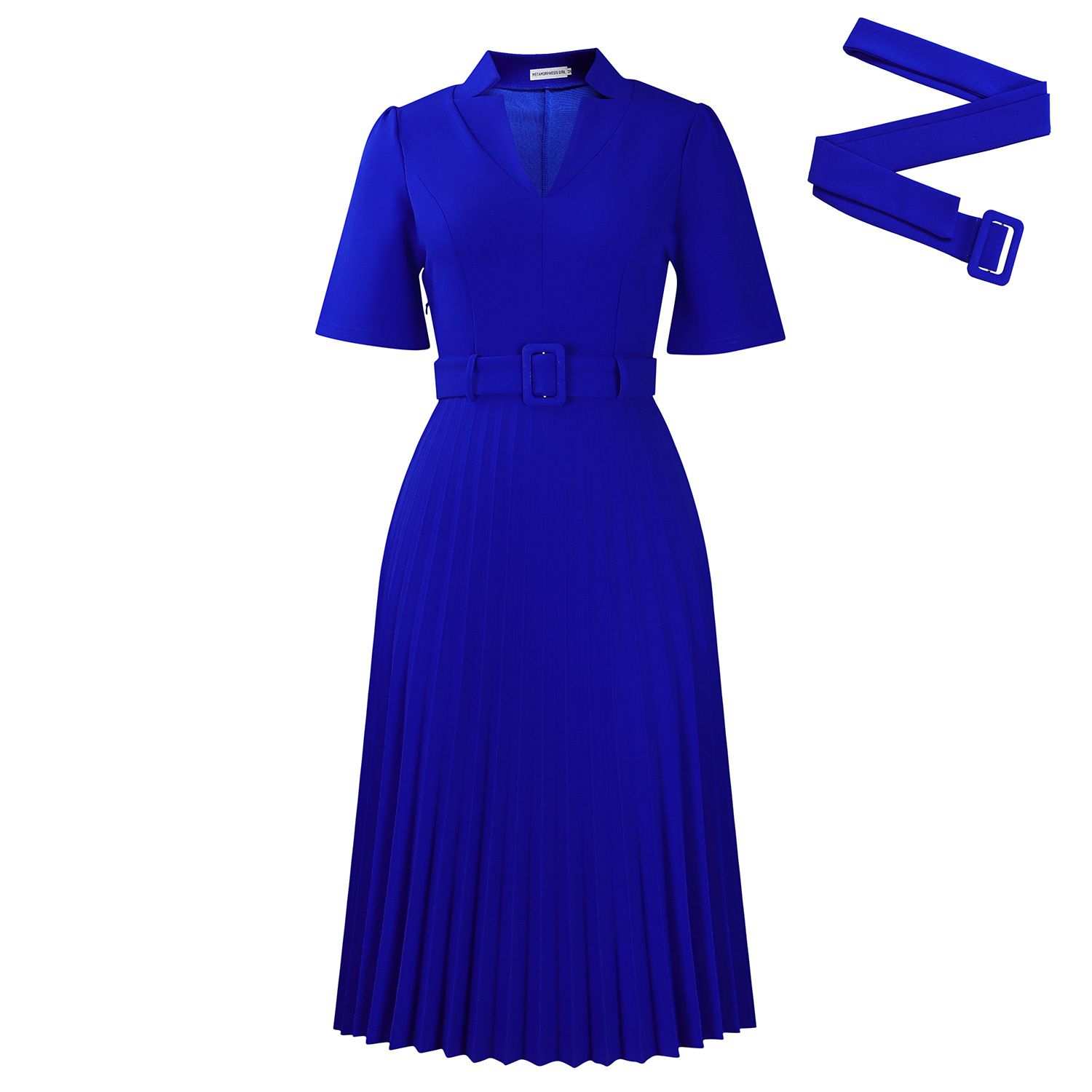 New short-sleeved dress for summer 2025, featuring a V-neck, pleated design, a stylish and elegant temperament, a cinched waist, and suitable for office commuting. It is of a medium to long length.