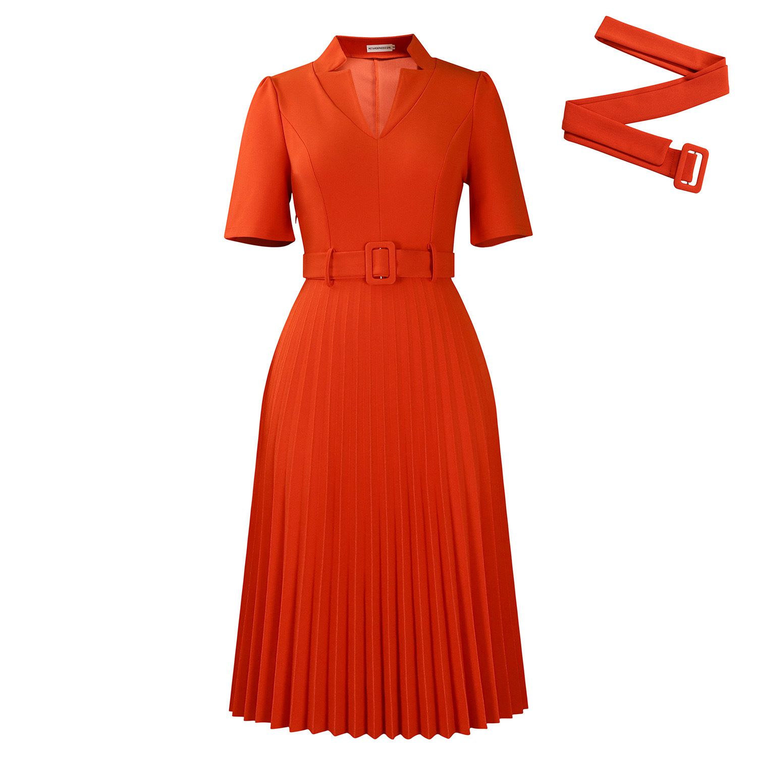 New short-sleeved dress for summer 2025, featuring a V-neck, pleated design, a stylish and elegant temperament, a cinched waist, and suitable for office commuting. It is of a medium to long length.
