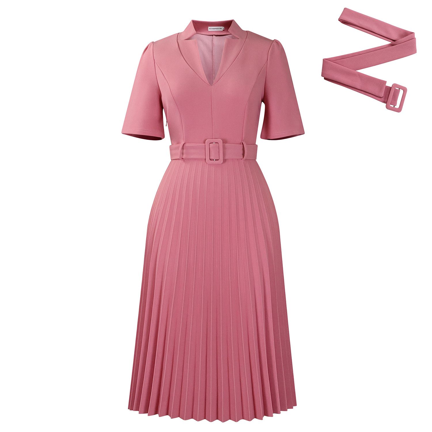 New short-sleeved dress for summer 2025, featuring a V-neck, pleated design, a stylish and elegant temperament, a cinched waist, and suitable for office commuting. It is of a medium to long length.