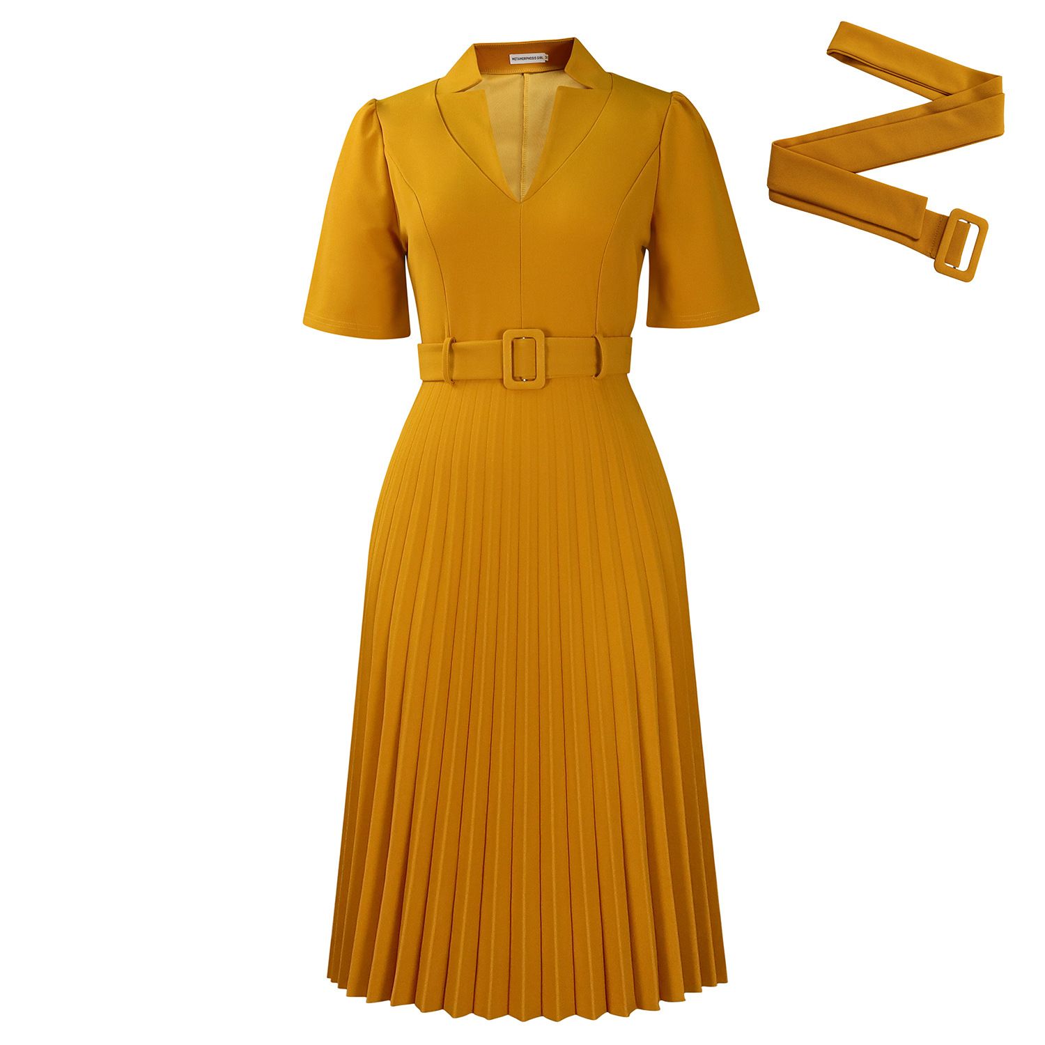New short-sleeved dress for summer 2025, featuring a V-neck, pleated design, a stylish and elegant temperament, a cinched waist, and suitable for office commuting. It is of a medium to long length.