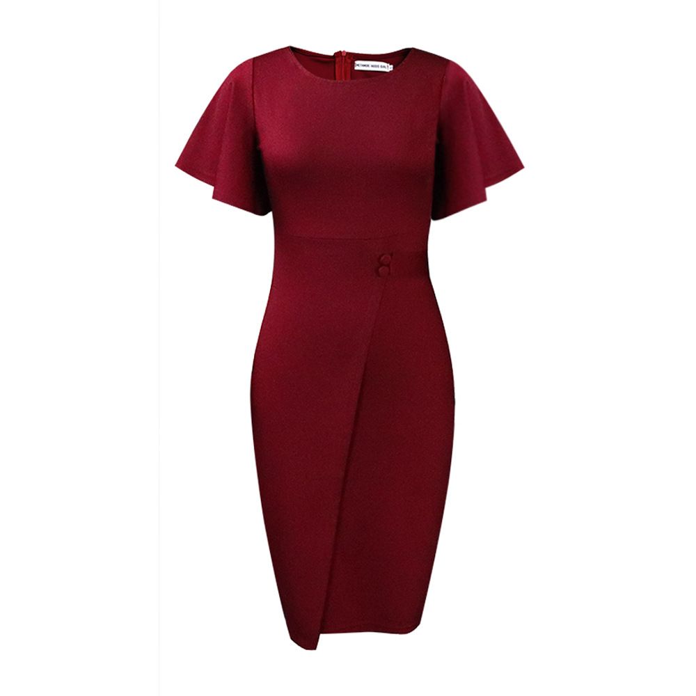 New summer fashion in 2025. A solid-color dress with a high waist, a form-fitting silhouette, a round neckline and ruffled sleeves, suitable for office commuting.