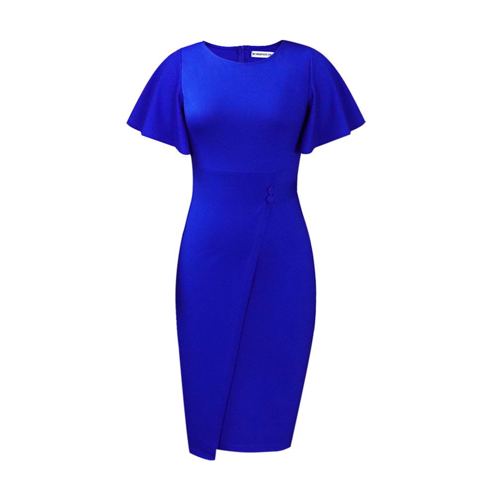 New summer fashion in 2025. A solid-color dress with a high waist, a form-fitting silhouette, a round neckline and ruffled sleeves, suitable for office commuting.