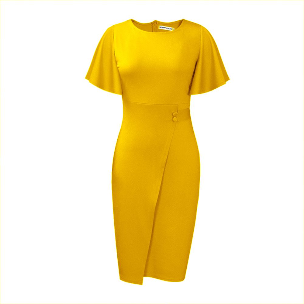 New summer fashion in 2025. A solid-color dress with a high waist, a form-fitting silhouette, a round neckline and ruffled sleeves, suitable for office commuting.