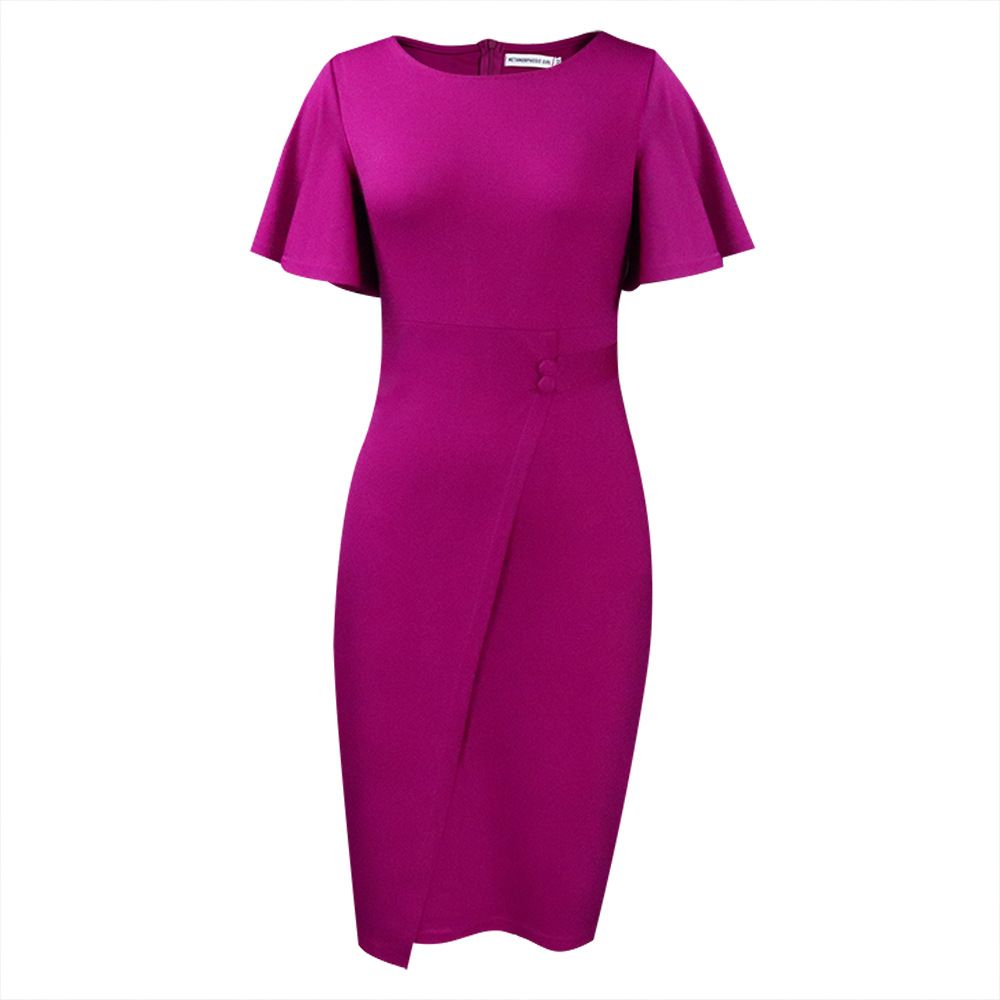 New summer fashion in 2025. A solid-color dress with a high waist, a form-fitting silhouette, a round neckline and ruffled sleeves, suitable for office commuting.