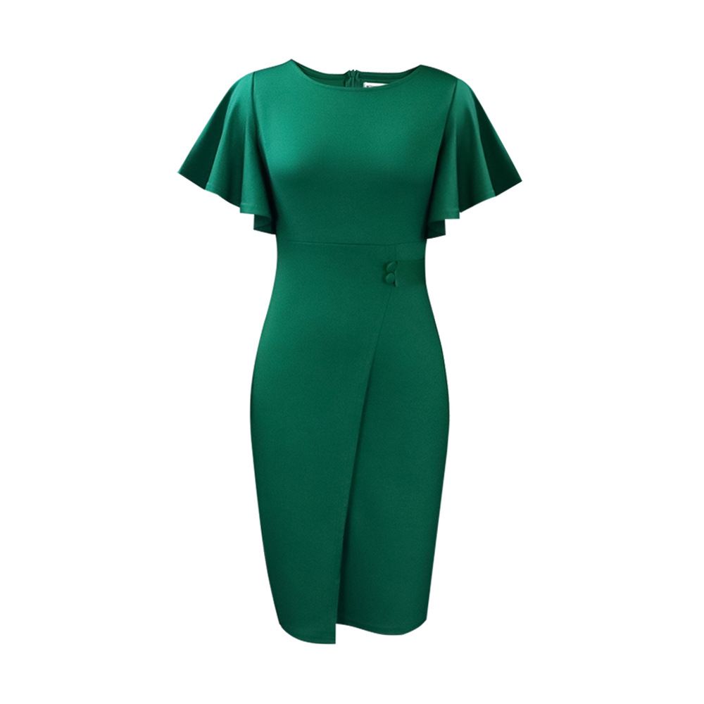 New summer fashion in 2025. A solid-color dress with a high waist, a form-fitting silhouette, a round neckline and ruffled sleeves, suitable for office commuting.