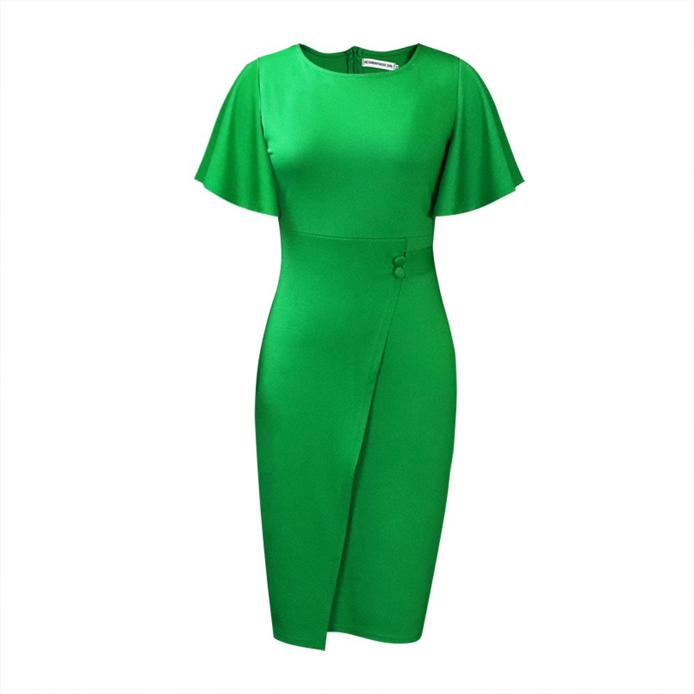 New summer fashion in 2025. A solid-color dress with a high waist, a form-fitting silhouette, a round neckline and ruffled sleeves, suitable for office commuting.