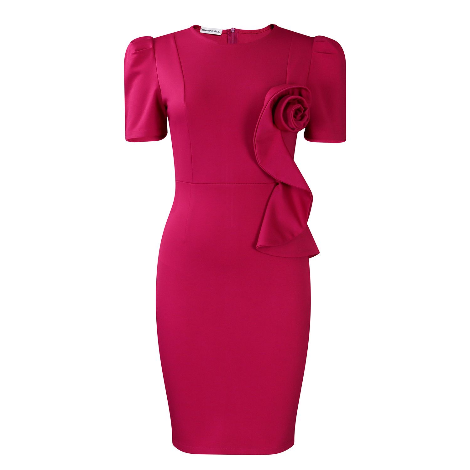New fashionable and elegant body-hugging pencil-style dress with ruffles, in solid color and short sleeves in 2025