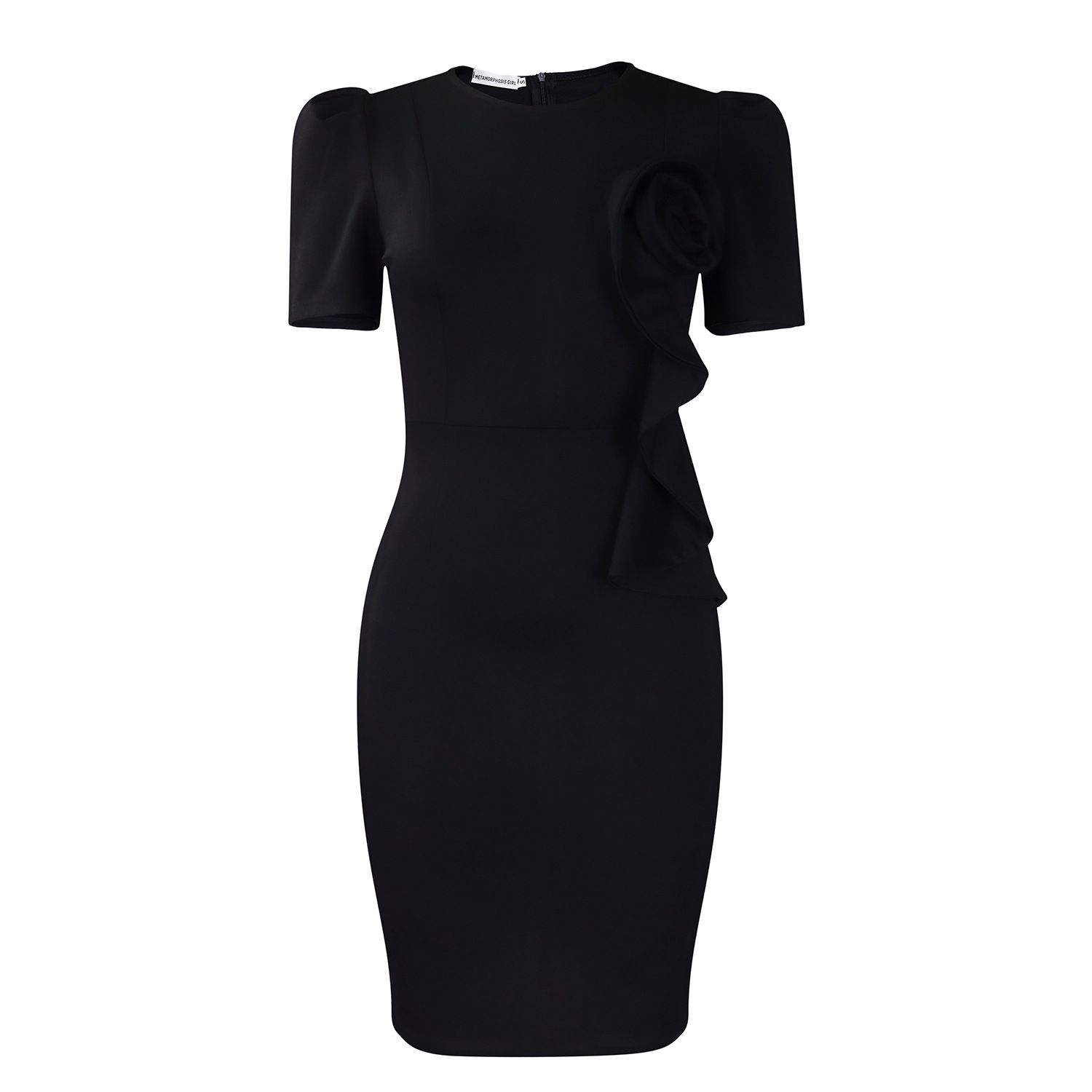 New fashionable and elegant body-hugging pencil-style dress with ruffles, in solid color and short sleeves in 2025