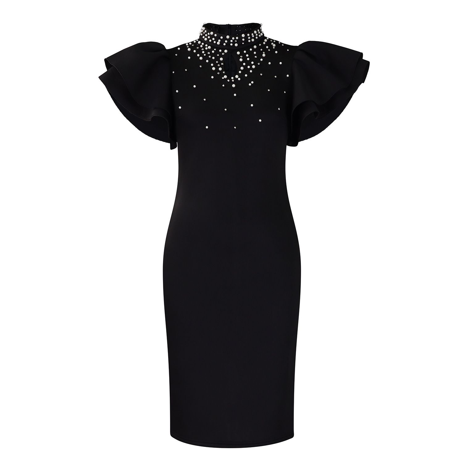 New summer fashion in 2025. A stylish and elegant dress with ruffled sleeves, a round neckline and bead embellishments, suitable for office commuting, parties and evening banquets.