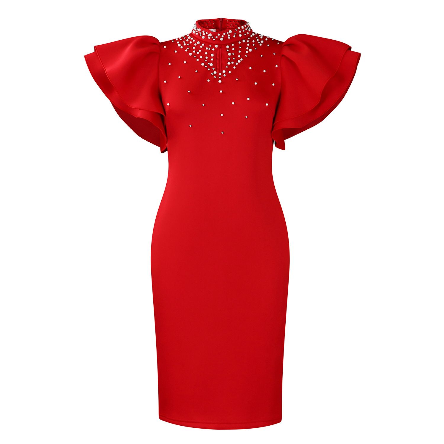 New summer fashion in 2025. A stylish and elegant dress with ruffled sleeves, a round neckline and bead embellishments, suitable for office commuting, parties and evening banquets.