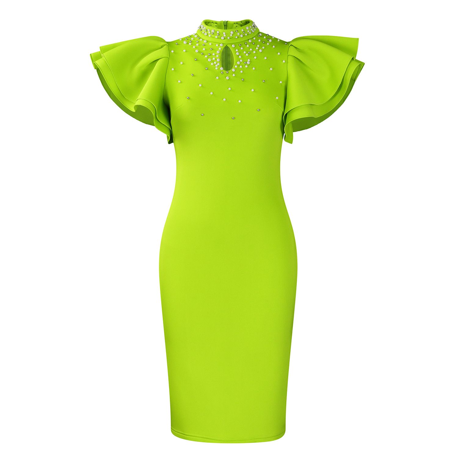 New summer fashion in 2025. A stylish and elegant dress with ruffled sleeves, a round neckline and bead embellishments, suitable for office commuting, parties and evening banquets.