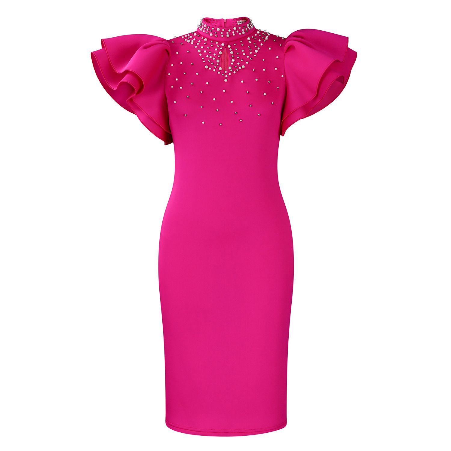 New summer fashion in 2025. A stylish and elegant dress with ruffled sleeves, a round neckline and bead embellishments, suitable for office commuting, parties and evening banquets.