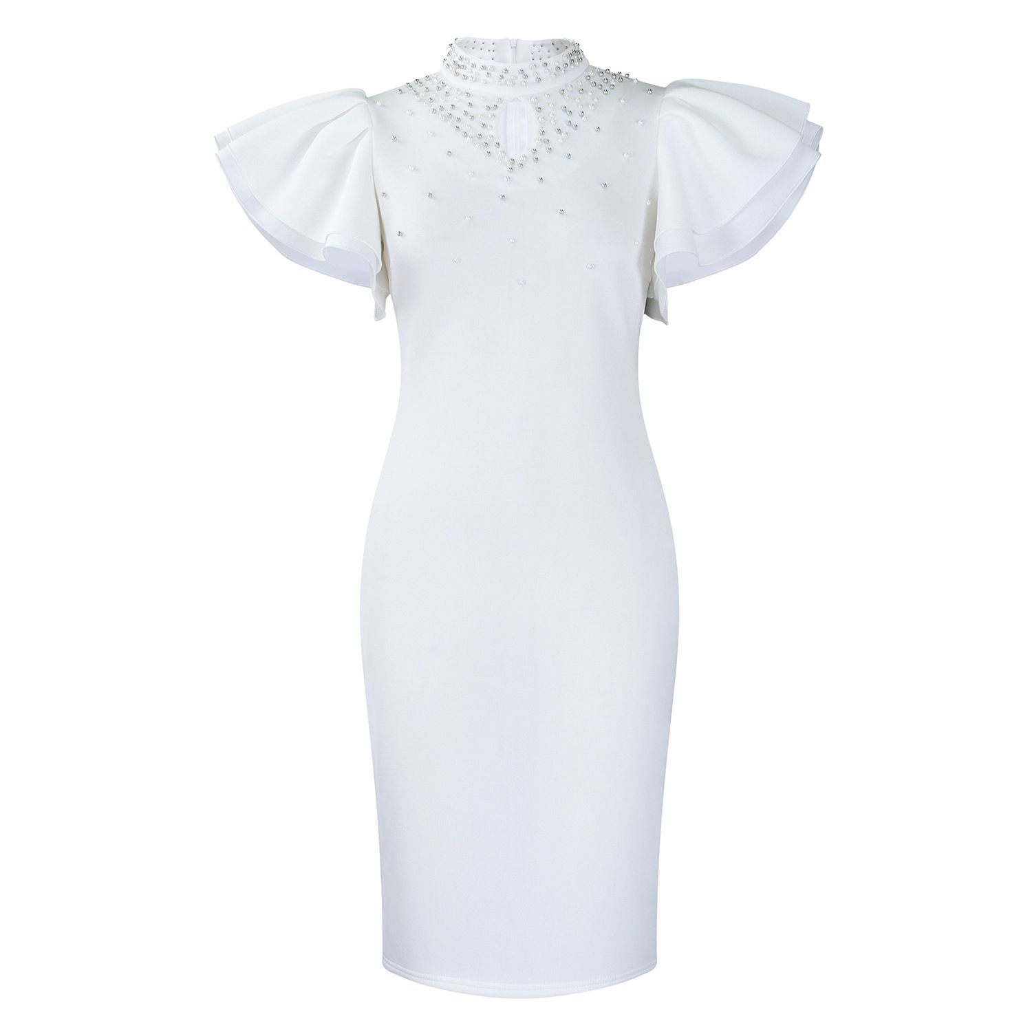 New summer fashion in 2025. A stylish and elegant dress with ruffled sleeves, a round neckline and bead embellishments, suitable for office commuting, parties and evening banquets.