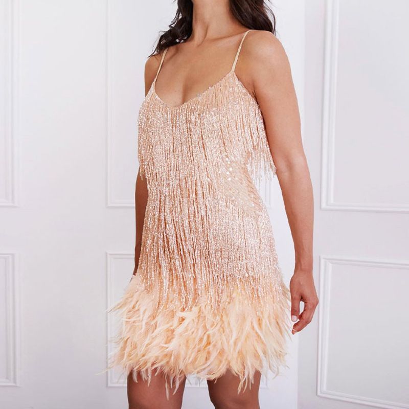 New style for the summer of 2025. A fashionable and casual dress with tassels, feathers and sequins. It has a sexy V-neck and is a halter-style party and evening gown.