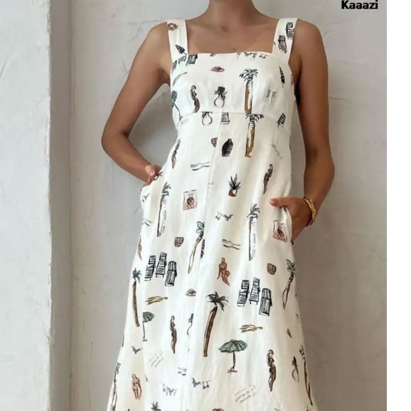New style for the summer of 2025. It is a fashionable, elegant and casual sleeveless halter dress with printed patterns and a large skirt. It is a long dress suitable for parties and evening banquets.