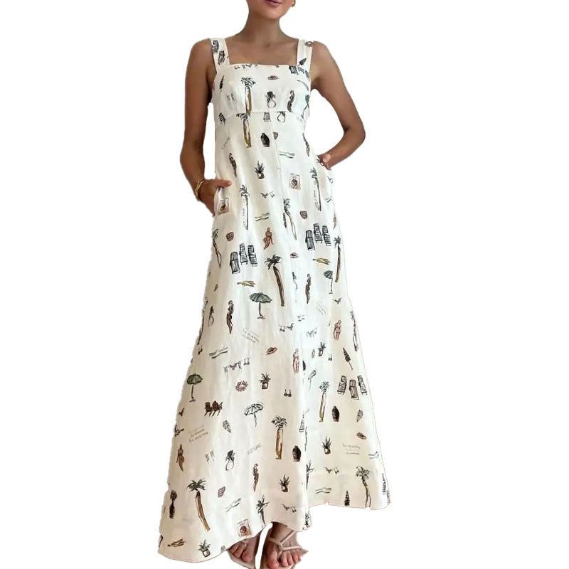 New style for the summer of 2025. It is a fashionable, elegant and casual sleeveless halter dress with printed patterns and a large skirt. It is a long dress suitable for parties and evening banquets.