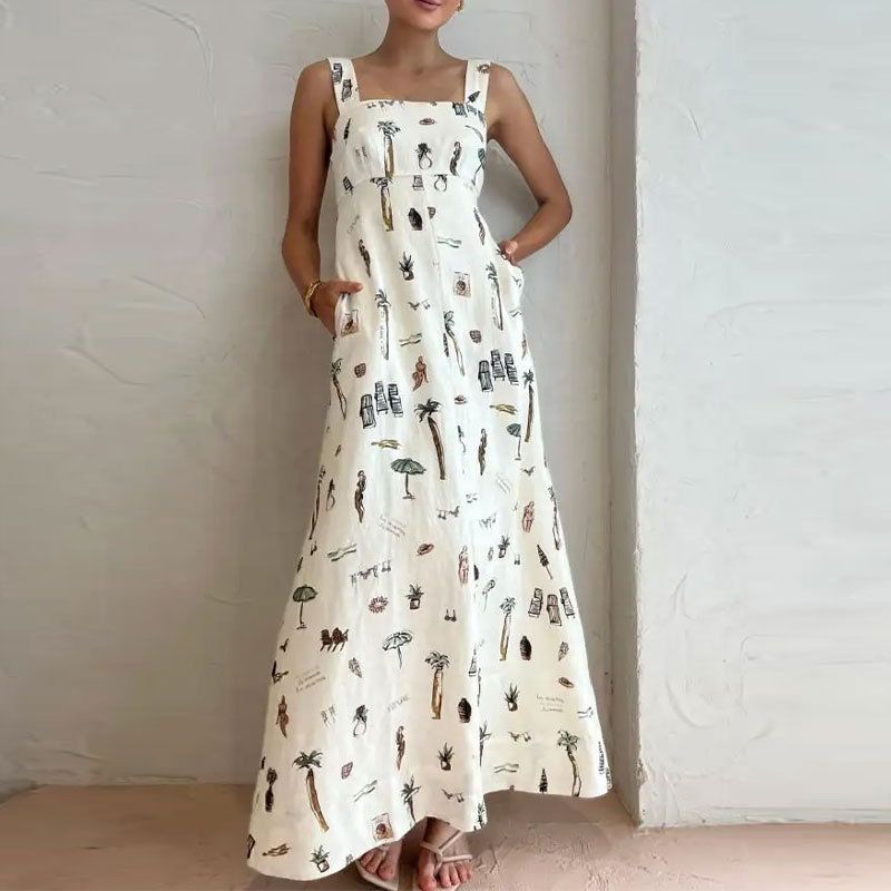 New style for the summer of 2025. It is a fashionable, elegant and casual sleeveless halter dress with printed patterns and a large skirt. It is a long dress suitable for parties and evening banquets.
