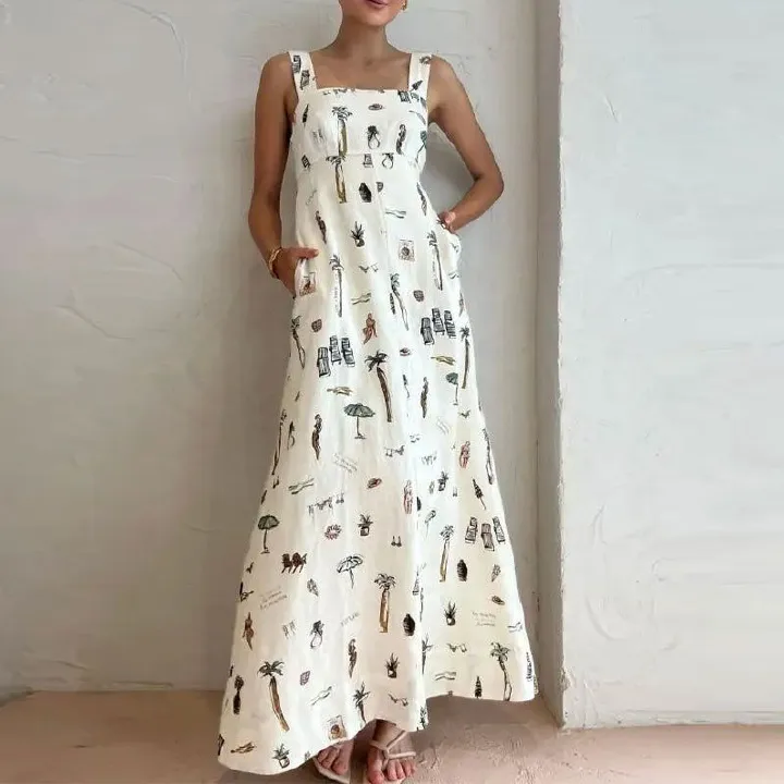New style for the summer of 2025. It is a fashionable, elegant and casual sleeveless halter dress with printed patterns and a large skirt. It is a long dress suitable for parties and evening banquets.