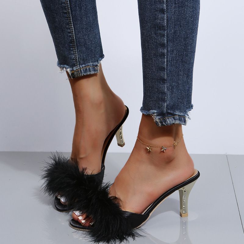 2025 Summer New Women's Shoes: Stylish High-Heel Furry Slippers, Large Sizes, Slim Heels, Elegant Toe-Revealing Sandals.