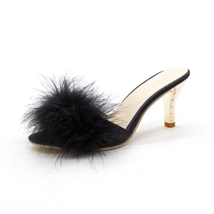 2025 Summer New Women's Shoes: Stylish High-Heel Furry Slippers, Large Sizes, Slim Heels, Elegant Toe-Revealing Sandals.