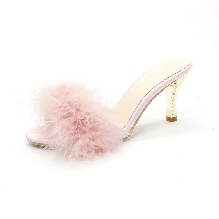 2025 Summer New Women's Shoes: Stylish High-Heel Furry Slippers, Large Sizes, Slim Heels, Elegant Toe-Revealing Sandals.