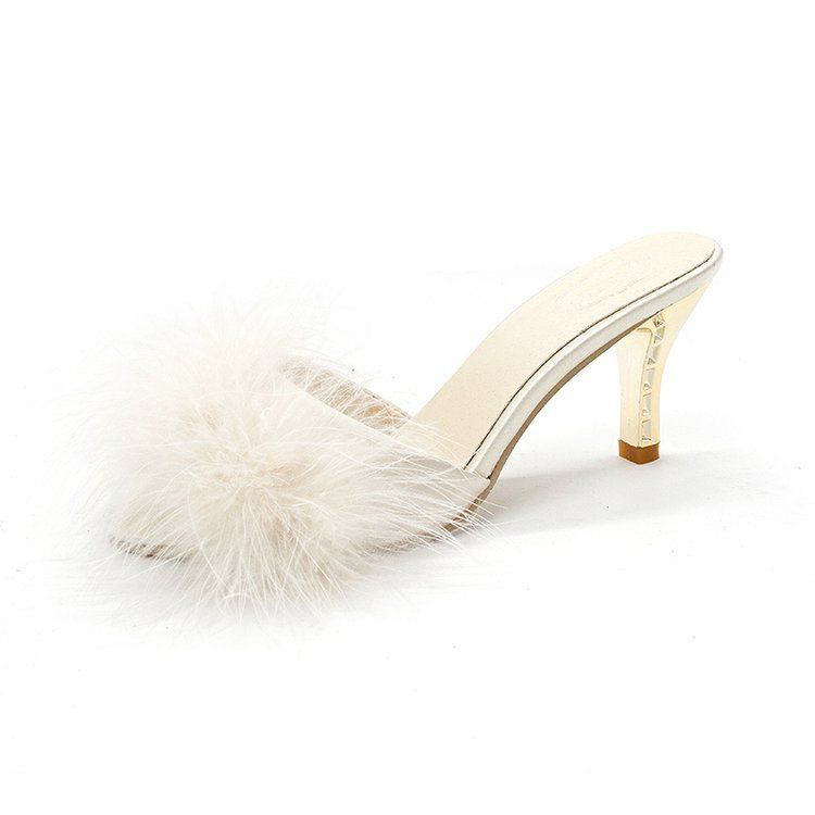 2025 Summer New Women's Shoes: Stylish High-Heel Furry Slippers, Large Sizes, Slim Heels, Elegant Toe-Revealing Sandals.