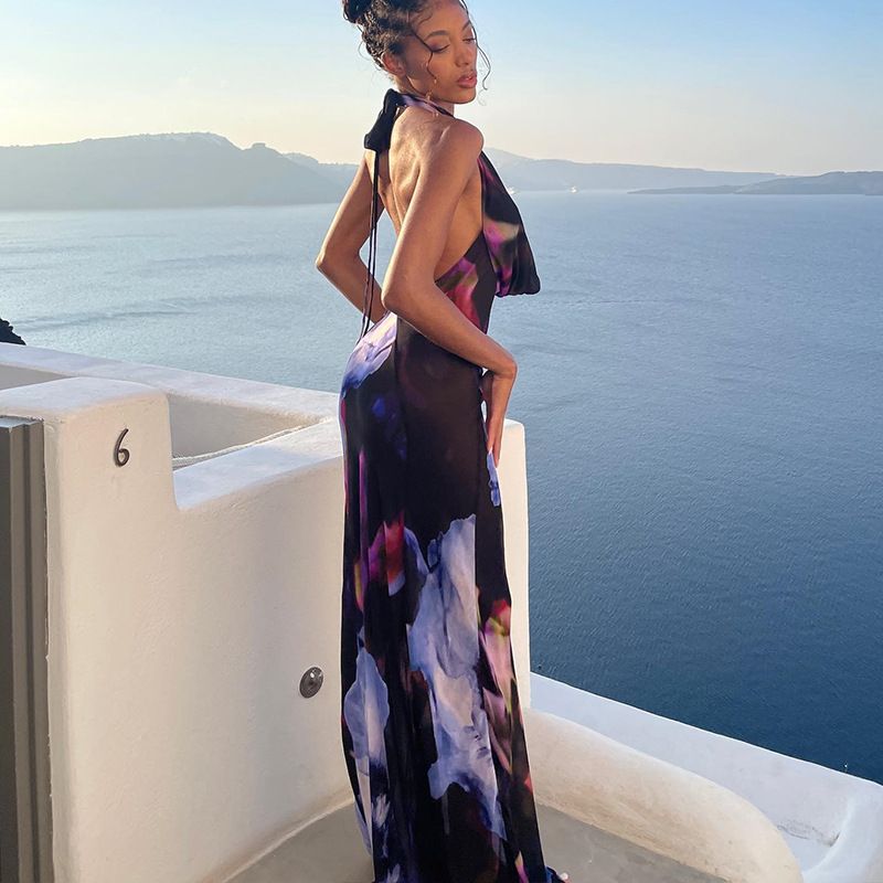 New summer 2025 style printed long formal dress, fashionable, elegant and sexy with a draped collar, backless halter neck, suitable for parties, evening banquets and as an outfit for guests.