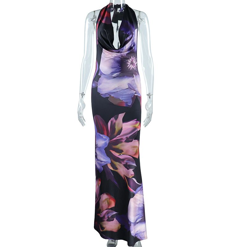 New summer 2025 style printed long formal dress, fashionable, elegant and sexy with a draped collar, backless halter neck, suitable for parties, evening banquets and as an outfit for guests.