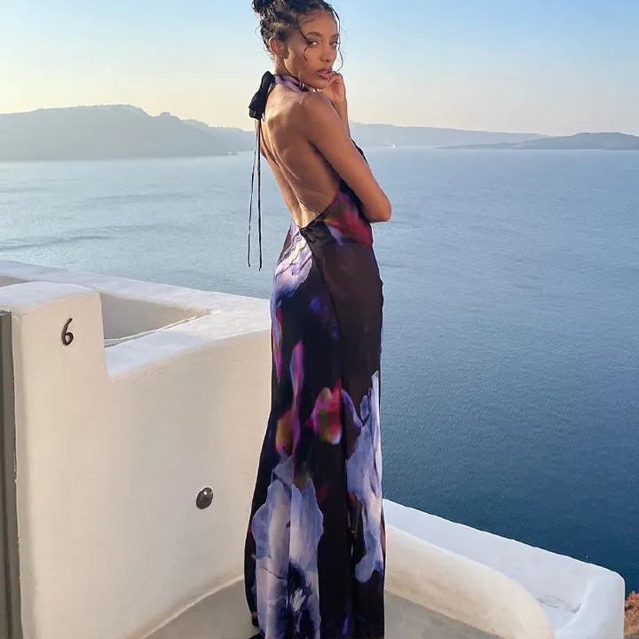 New summer 2025 style printed long formal dress, fashionable, elegant and sexy with a draped collar, backless halter neck, suitable for parties, evening banquets and as an outfit for guests.