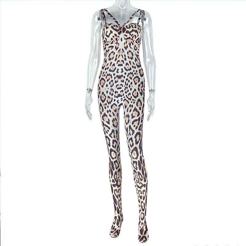 New styles for the summer of 2025. Lightweight, breathable and fashionable leopard-print sleeveless halter-neck form-fitting body-hugging long jumpsuit, suitable for both parties and casual occasions.