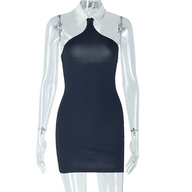 Summer new women's dress fashion temperament solid color sleeveless shirt collar neck backless slim short dress suitable for daily leisure party commuting.
