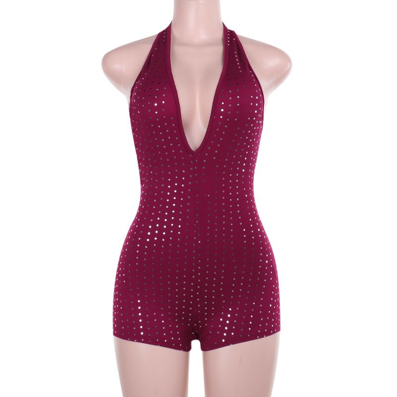 New styles for the summer of 2025: A fashionable and sexy jumpsuit with shattered diamonds, a deep V-neck, a backless design, a halter neck, and tie straps, suitable for parties and the street.