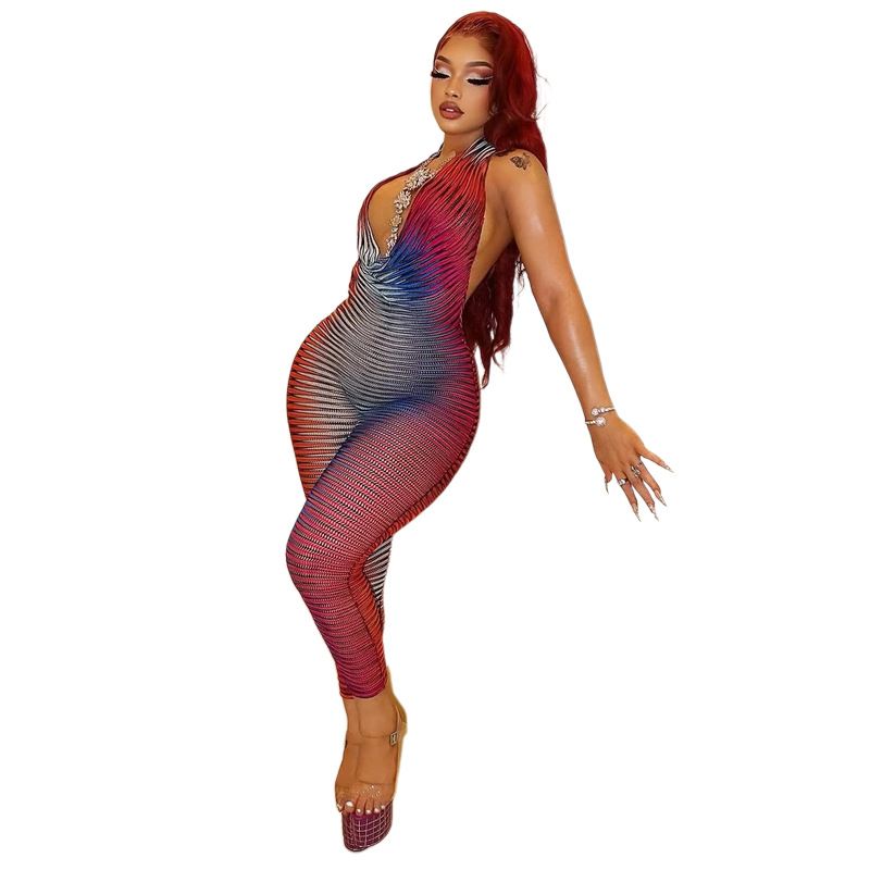 New styles for the summer of 2025: Fashionable and sexy halter-neck jumpsuit with colorful stripe prints, hip-hugging, high-waisted, suitable for parties, clubs and the street.