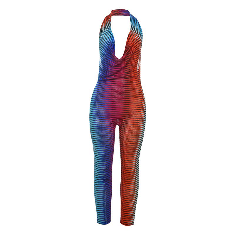 New styles for the summer of 2025: Fashionable and sexy halter-neck jumpsuit with colorful stripe prints, hip-hugging, high-waisted, suitable for parties, clubs and the street.