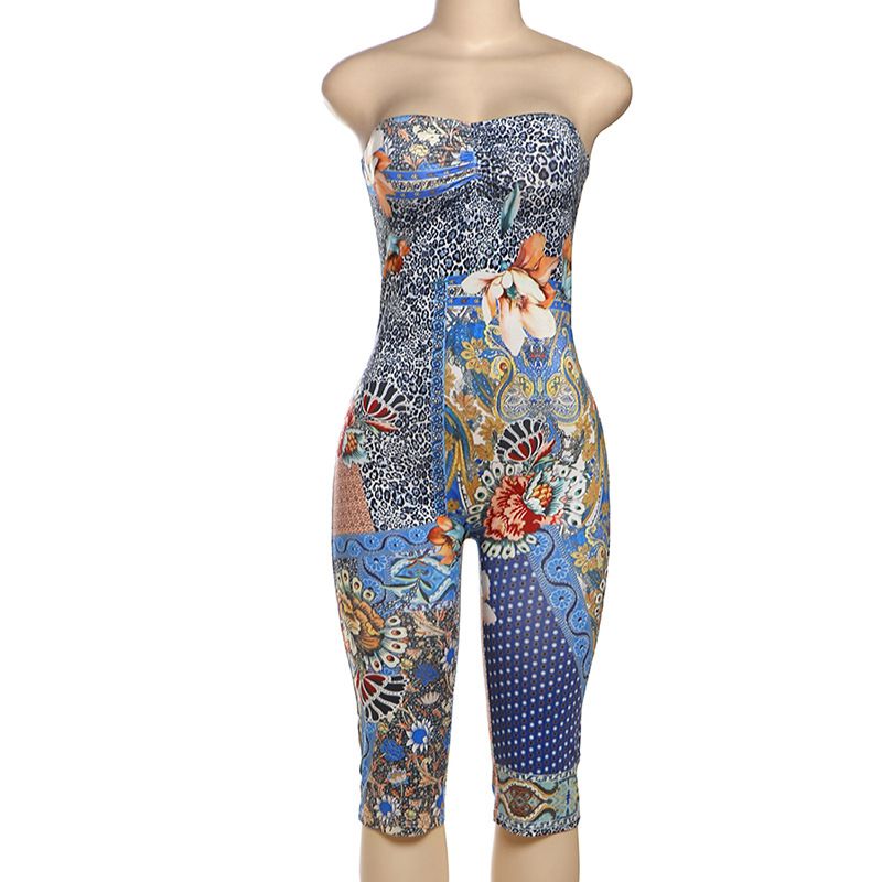New styles for the summer of 2025: Fashionable, breathable and lightweight sleeveless strapless hip-hugging high-waisted jumpsuit with flower prints, suitable for parties, casual wear and the street.