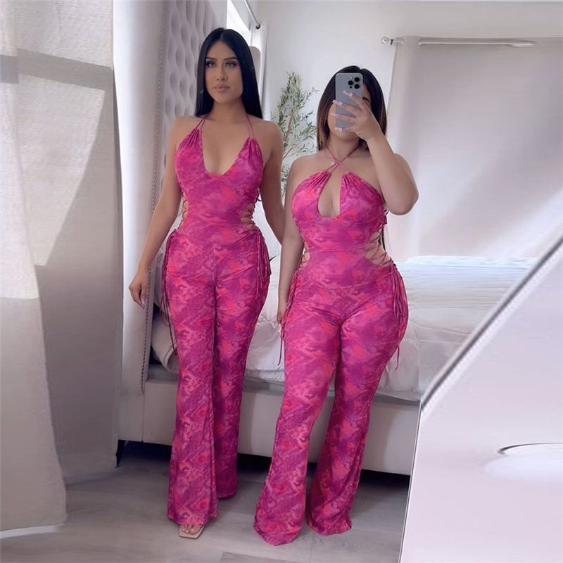 New styles for the summer of 2025: Fashionable, lightweight, casual street-style tie-dye printed sleeveless halter-neck long jumpsuit, suitable for parties and casual occasions.
