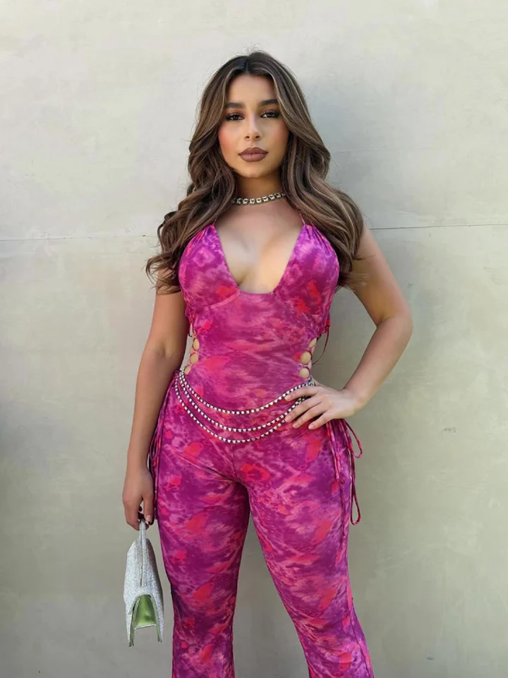 New styles for the summer of 2025: Fashionable, lightweight, casual street-style tie-dye printed sleeveless halter-neck long jumpsuit, suitable for parties and casual occasions.