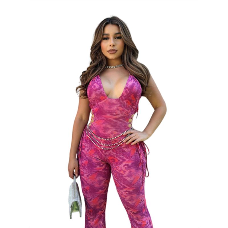 New styles for the summer of 2025: Fashionable, lightweight, casual street-style tie-dye printed sleeveless halter-neck long jumpsuit, suitable for parties and casual occasions.